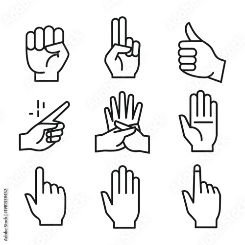 Set of nine hand gesture line icons for user interface design projects