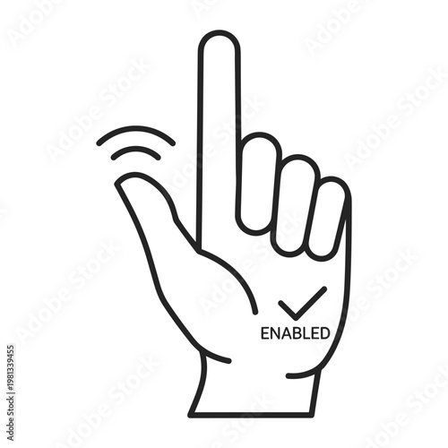 Linear outline hand gesture icon with enabled checkmark for digital ui