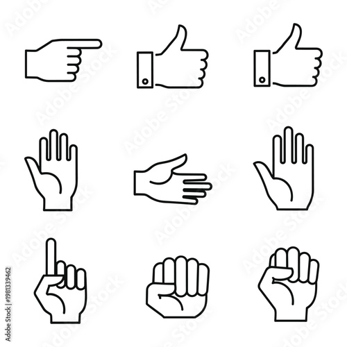 Linear icon of hands showing a thumbs up and pointing gestures set