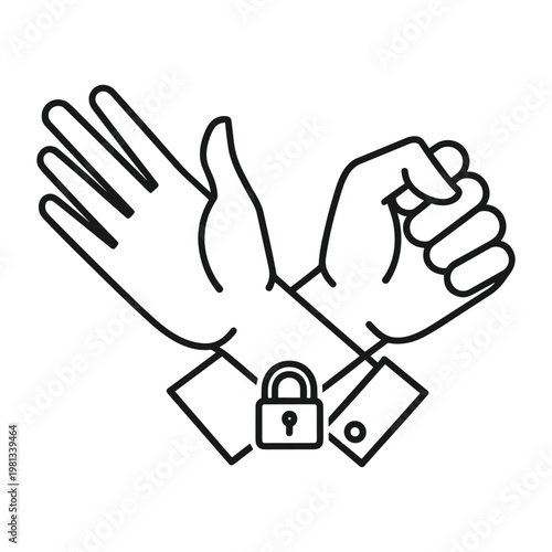 Icon showing hands locked in a handcuff gesture for security concepts