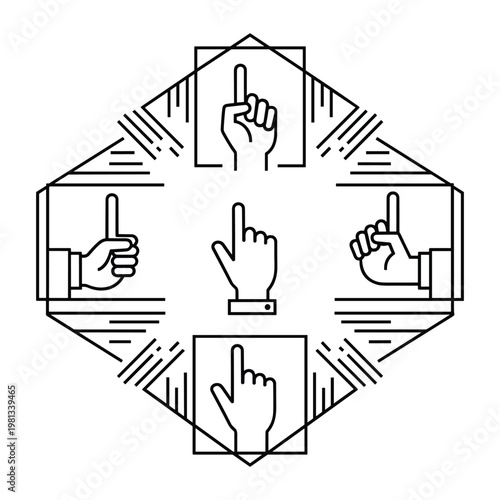 Geometric frame containing multiple hand gesture icons for navigation