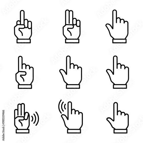 Collection of nine hand gesture line icons for digital navigation tools