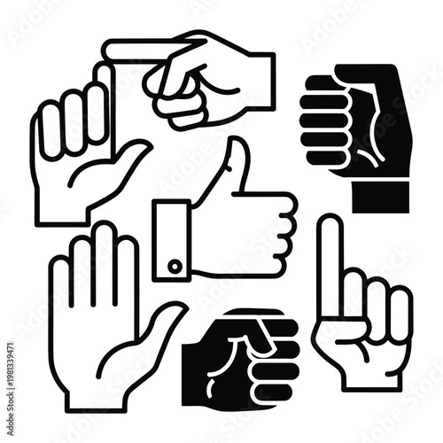 Collection of various hand gesture icons in bold black line style