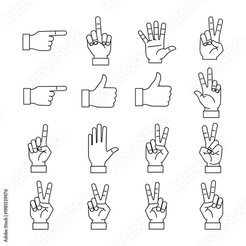 Comprehensive set of sixteen hand gesture icons for UI design systems