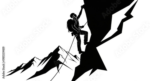 Silhouette of a climber scaling a steep rocky mountain peak.