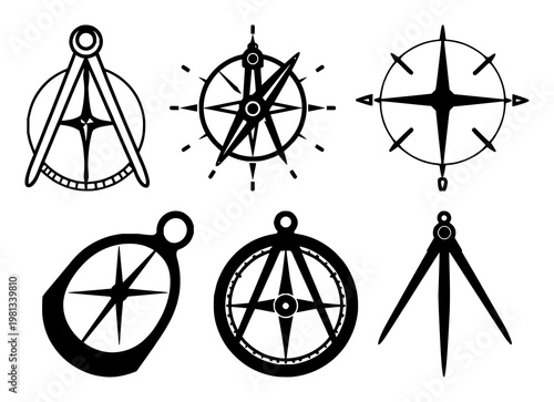 Mathematical compass icon set with solid black illustration against white background featuring compass, geometry, angle with vector and illustration
