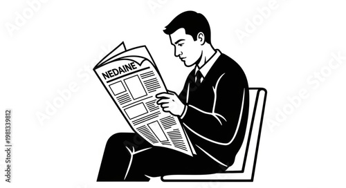 Man in Suit Reading Newspaper Sitting Down.