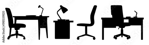 Desk chair set with solid black icon on white background featuring office furniture, workspace, seating with silhouette and line art