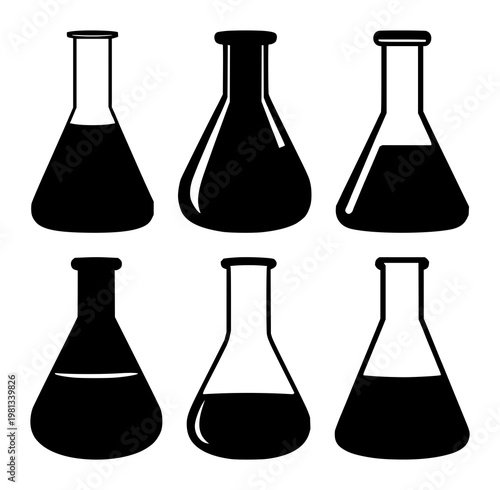Laboratory flask icon set with solid black shapes featuring scientific research, medical experiments, chemical synthesis with glassware and lab equipment