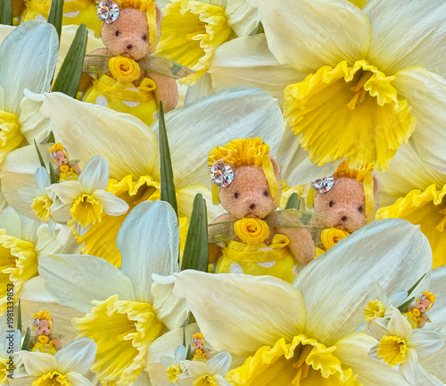 Mini teddy bears dressed in yellow among narcissus spring flowers suggest fairy tales, gardens, flowers, yellow, spring, whimsical, party, celebration,& picnic times.