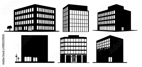 Commercial office building icon set with solid black silhouette and minimal line art design featuring office, architecture, skyline with commercial and corporate