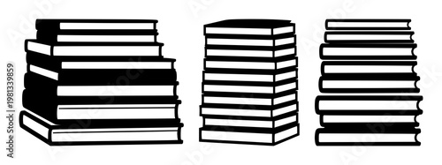Books set with minimalist black icon stack illustration on white background depicting layered booky silhouette design featuring books, stack, icon with minimalism and flat design