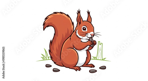 Cute cartoon squirrel eating a nut in the forest.