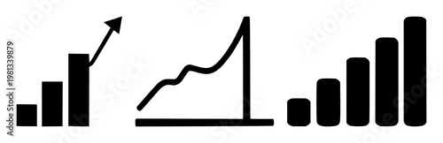 Scalability graph up icon set with solid black icon on white background, stylized upward trending line design featuring graph, chart, upward trend, performance, data with minimalist and line art
