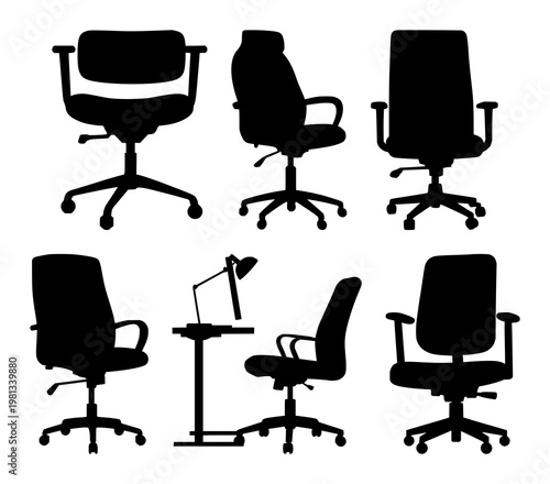 Home office chair set with solid black icon on white background featuring office furniture, seating, ergonomic design with vector and illustration
