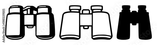Binoculars set with a solid black icon design featuring binoculars, vision, icons with simple line art and monochrome with bold geometry and clean shape