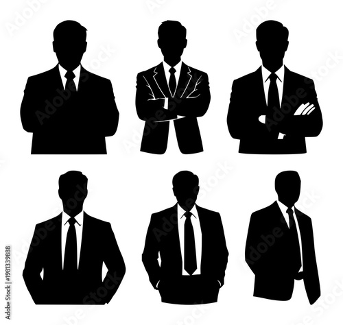 Executive manager icon set with solid black figure on white background featuring management, leadership, corporate symbols with minimalist and silhouette