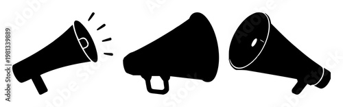 Marketing megaphone icon set with solid black silhouette against white background featuring megaphone, advertising, communication with vector graphic and monochrome design