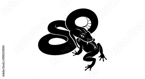 Black silhouette of a snake coiled around a frog.