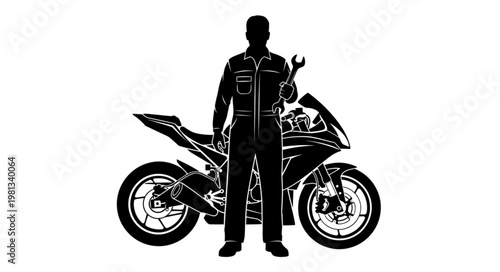 Mechanic Standing Next To Motorcycle Holding Wrench Silhouette.