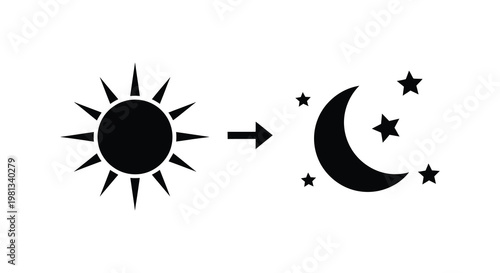 Sun and moon transformation with arrow minimalist black silhouette
