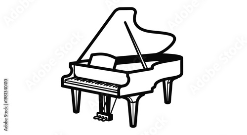 A simple black and white line drawing depicts a grand piano with its lid partially open