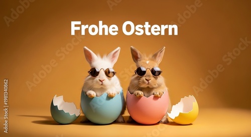 Two adorable bunnies wearing sunglasses sitting in colorful Easter eggs on a yellow background with German text