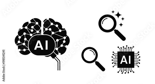 Artificial intelligence concepts shown with brain and search icons silhouette