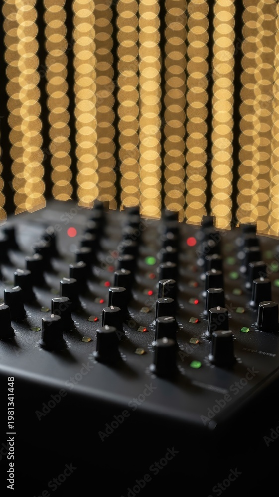 Fototapeta premium Audio mixer control knobs with golden bokeh background.