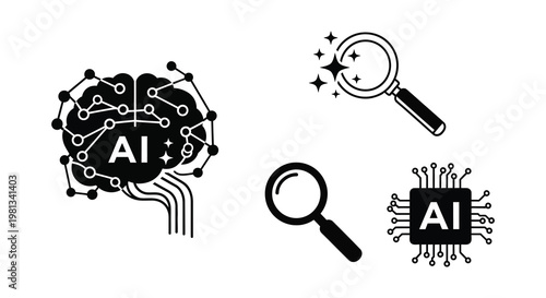 Artificial intelligence concepts with brain and magnifying glass silhouette