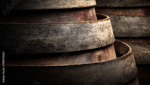 Weathered Oak Wine Barrels Stacked in Cellar for Premium Vineyard Aging Process and Traditional Winery Harvest Festival