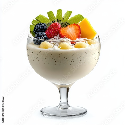 Fresh fruit topping on creamy dessert in glass bowl with assorted colorful fruits including strawberries kiwi blueberries and mango for healthy snack or dessert image