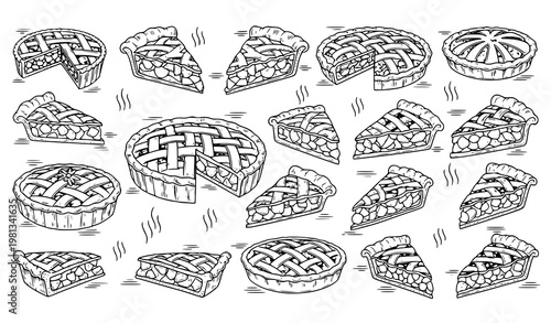 Big Collection of Steaming Apple Pie and Slice Line Art Vector Set for Bakery Branding and Food Illustration