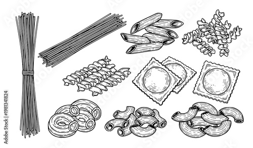 Vintage Line Art Pasta Collection Vector Set for Italian Cuisine and Restaurant Menu Design