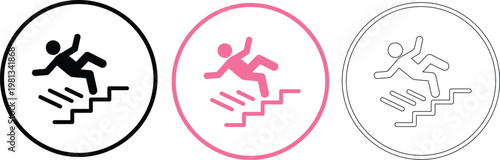 Three depicting a person falling down stairs, in black, pink, and outline styles symbol warning danger