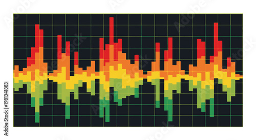 Vibrant pixelated waveform graphic display.