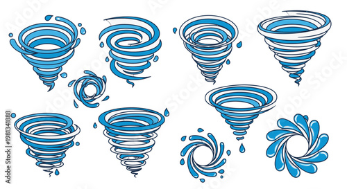 A collection of swirling stormy weather icons.