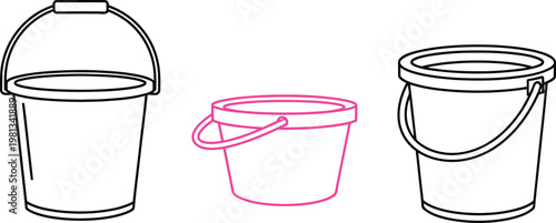 Three outline buckets, two black and white, one pink, on white background, pail container handle