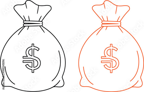 Two stylized money bags, one in black outline with dollar sign, one in orange outline with dollar sign