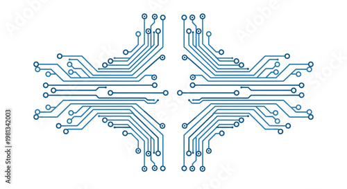 Blue circuit board design with symmetrical pattern.