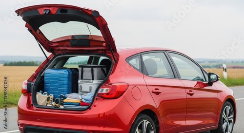 Red hatchback car with open trunk loaded with luggage for travel on a rural road