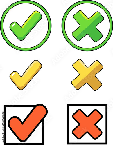 Cross and check mark icon set vector illustration, tick and x symbols collection for ui ux design