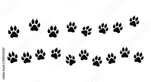 A trail of dark paw prints across a white background silhouette