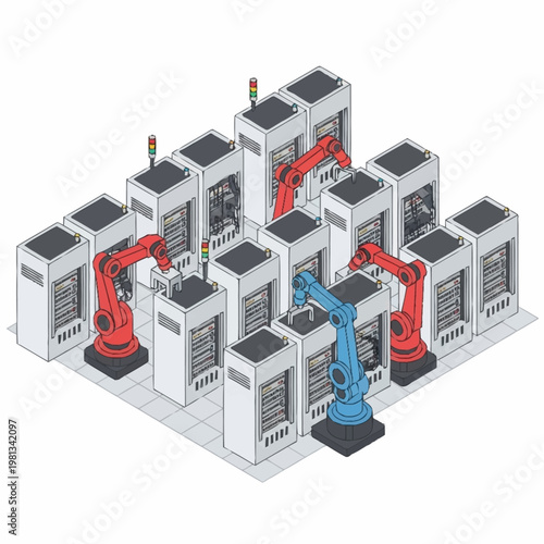 Industrial robots working on computers.