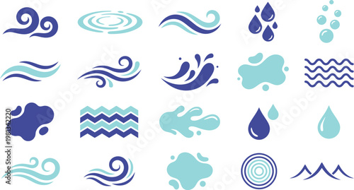 A collection of stylized water icons and symbols, featuring waves, ripples, splashes, and drops, for graphic design.