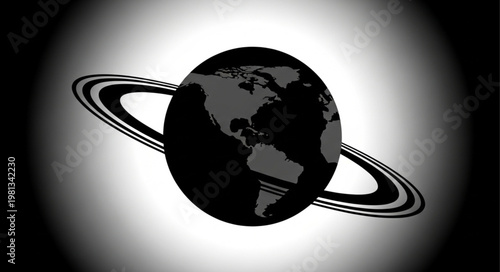Stylized Earth with Saturn Rings in Black and White.