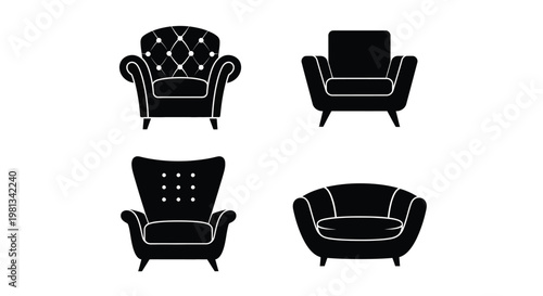 A collection of four black silhouette armchairs displaying diverse styles and design elements