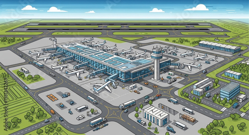 Modern International Airport Terminal with Airplanes and Infrastructure.