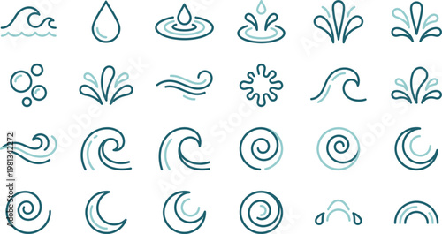 A diverse collection of minimalist vector water icons, featuring waves, raindrops, splashes, and bubbles, in a clean line art style.