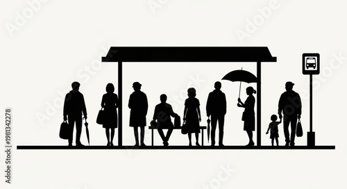 Silhouettes of people waiting at a bus stop shelter.